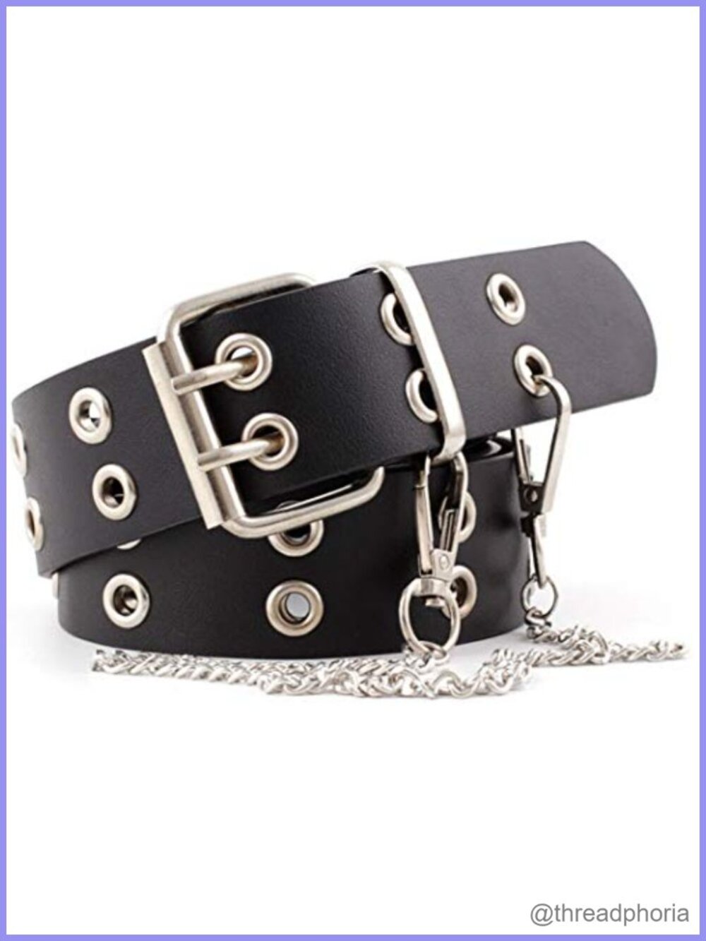 Double Grommet PU Leather Belt with Chain for Women Jean Dress